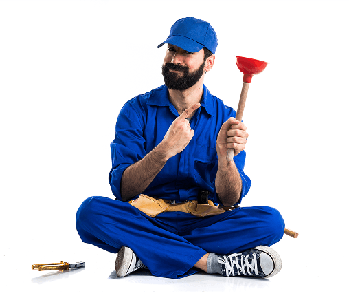 Professional cleaner in blue uniform with cleaning supplies